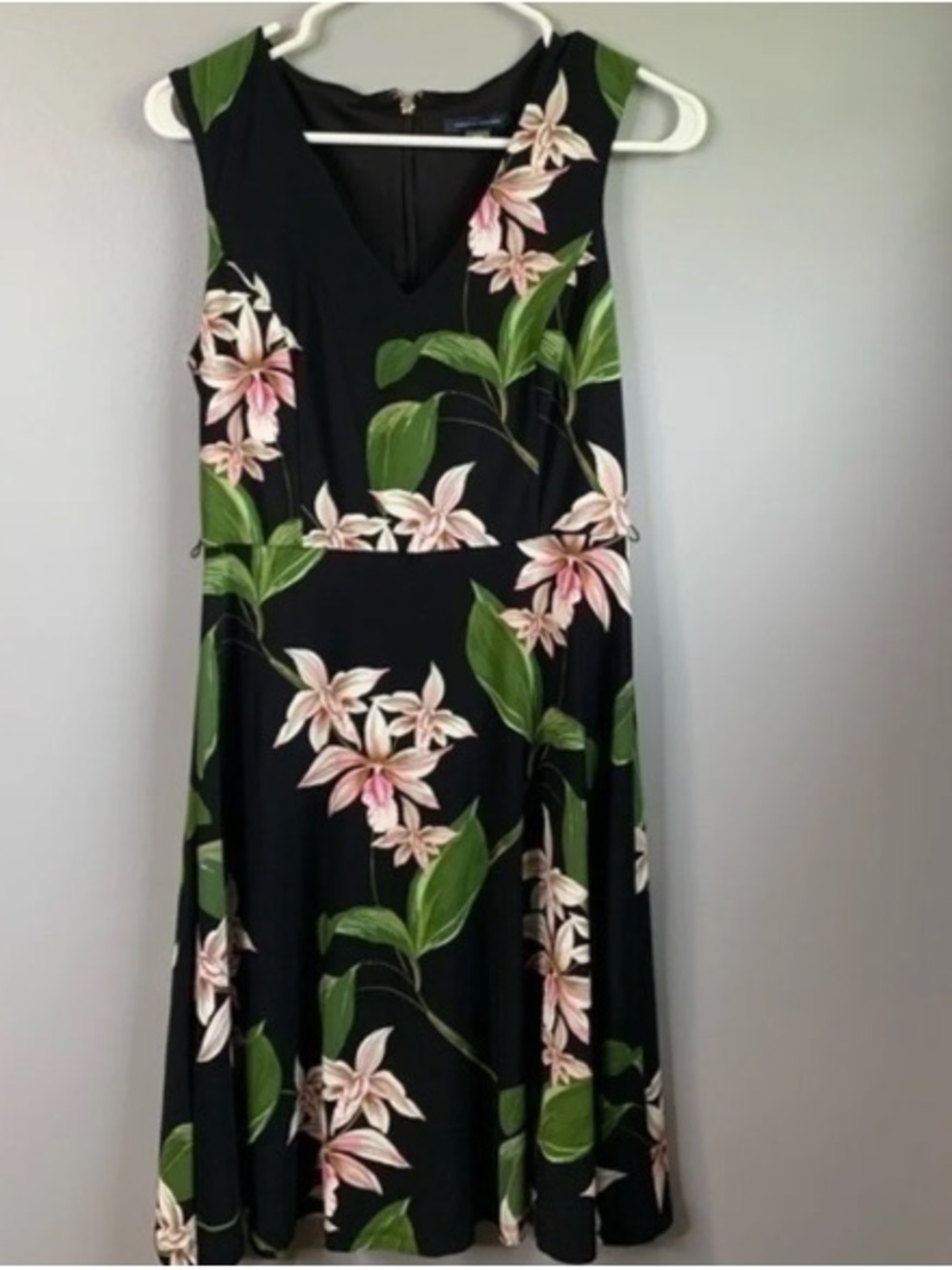 Tommy Hilfiger Black Midi Dress with Pink Floral and Green Leaves